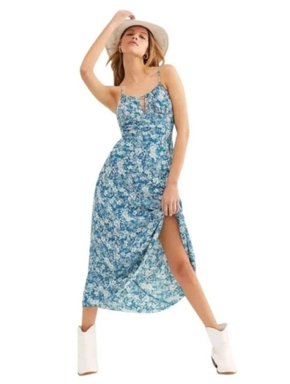Free People Bon Voyage Midi Dress M Floral Boho Keyhole Smocked Blue Combo